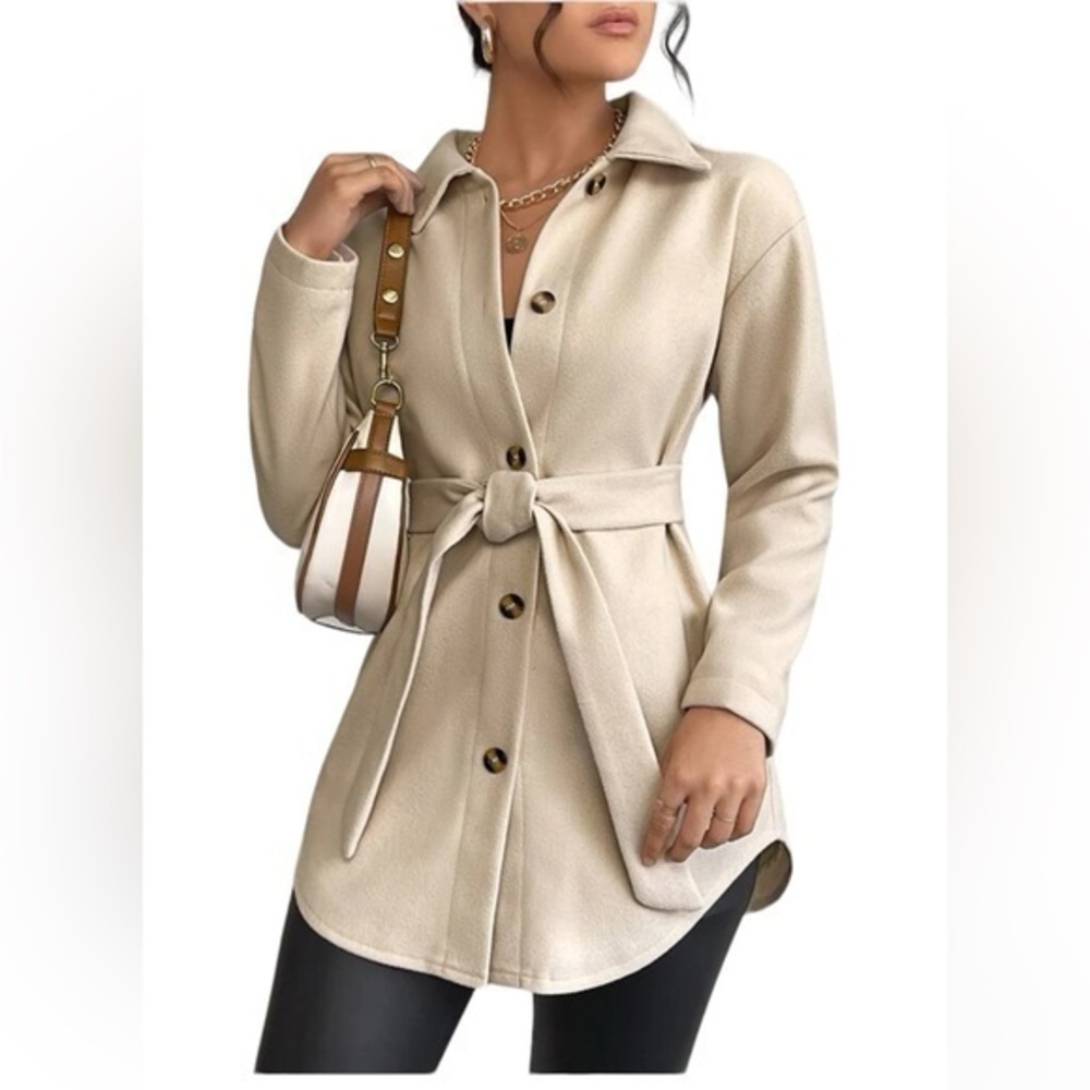 SHEIN LUNE Drop Shoulder Curved
Hem Belted Overcoat, Cream Color Size Medium